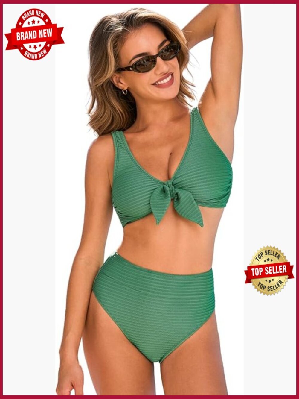 High Waisted V Neck Bikini Set with Knot Tie Top, Sleeveless